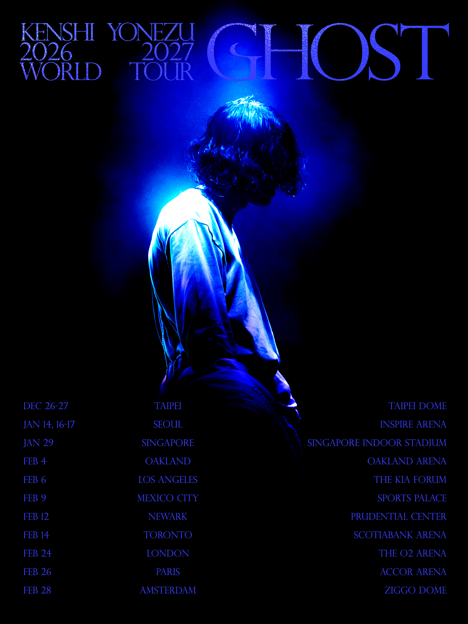 Kenshi Yonezu 2026-2027 World Tour GHOST poster listing dates from Taipei to Amsterdam