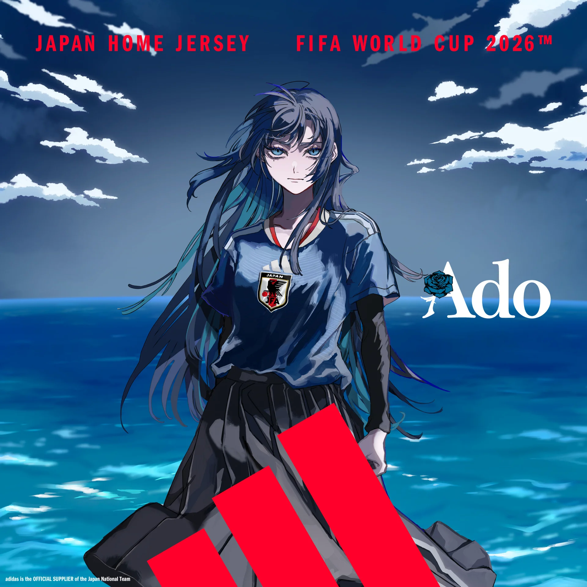 Anime-stijl personage met lang haar dat het thuistenue van Japan voor het WK 2026 van Adidas draagt, oceaan op de achtergrond.