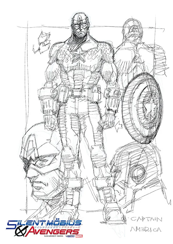 Captain America-র স্কেচ, কোণে Silent Möbius X Avengers লোগোসহ।