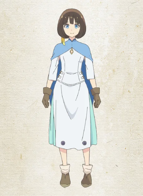 সাদা পোশাক পরিহিত, নীল কেপ মাথায়, দস্তানা ও বুট পরা অ্যানিমে চরিত্র