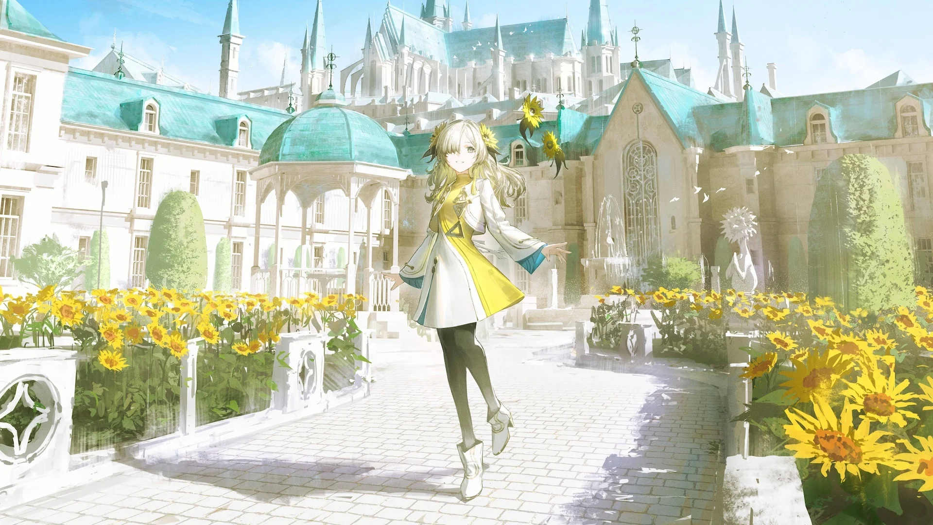 Аніме-подібний персонаж з довгим жовтим волоссям у саду з соняшниками, в білому та жовтому платті, на фоні середньовічної будівлі.