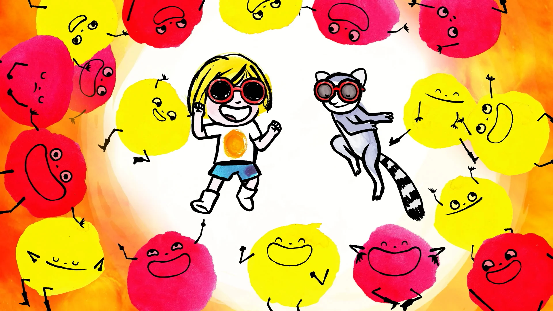 Illustration av ett barn och en lemur som bär solglasögon, omgivna av glada, färgglada leende cirklar
