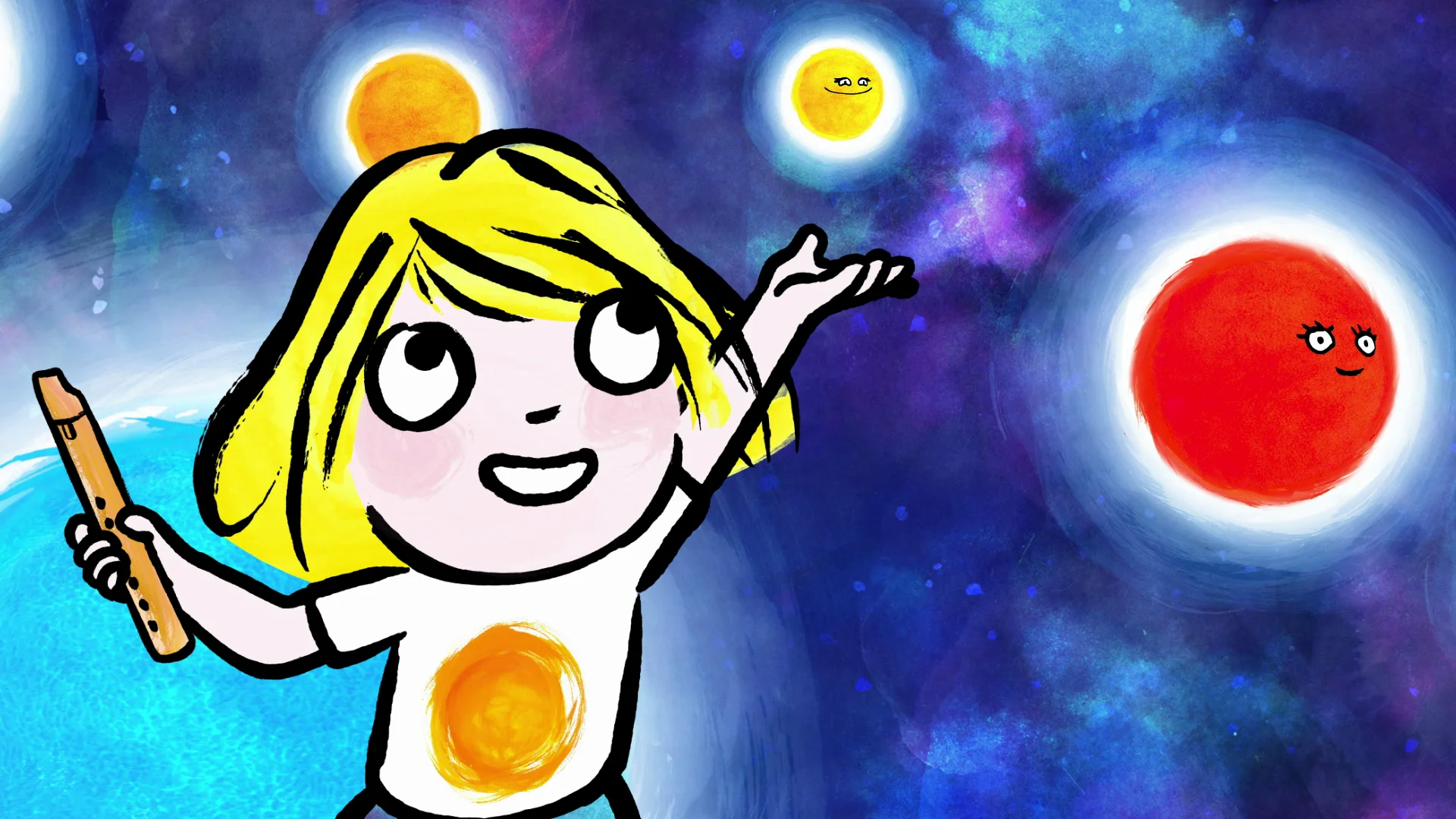Illustration av ett barn med gult hår, som håller en blockflöjt och sträcker sig mot planeter mot en kosmisk bakgrund