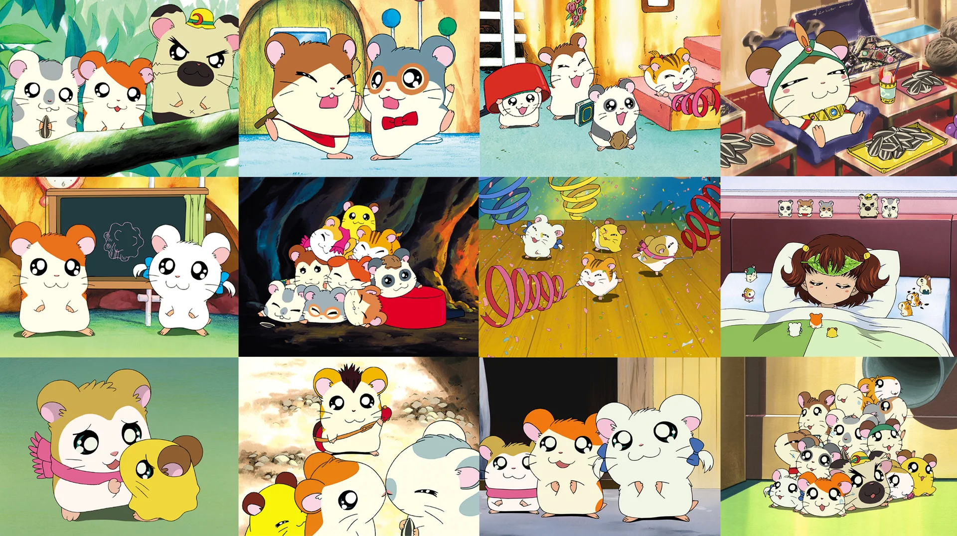 ಹ್ಯಾಮ್‌ಟಾರೋ ಆನಿಮೆನ ನಾನಾ ದೃಶ್ಯಗಳ ಕ್ಯಾಲೇಜ್ — ವಿವಿಧ ದೃಶ್ಯಗಳಲ್ಲಿ ಹಲವಾರು ಹ್ಯಾಮ್ಸ್ಟರ್ ಪಾತ್ರಗಳು.