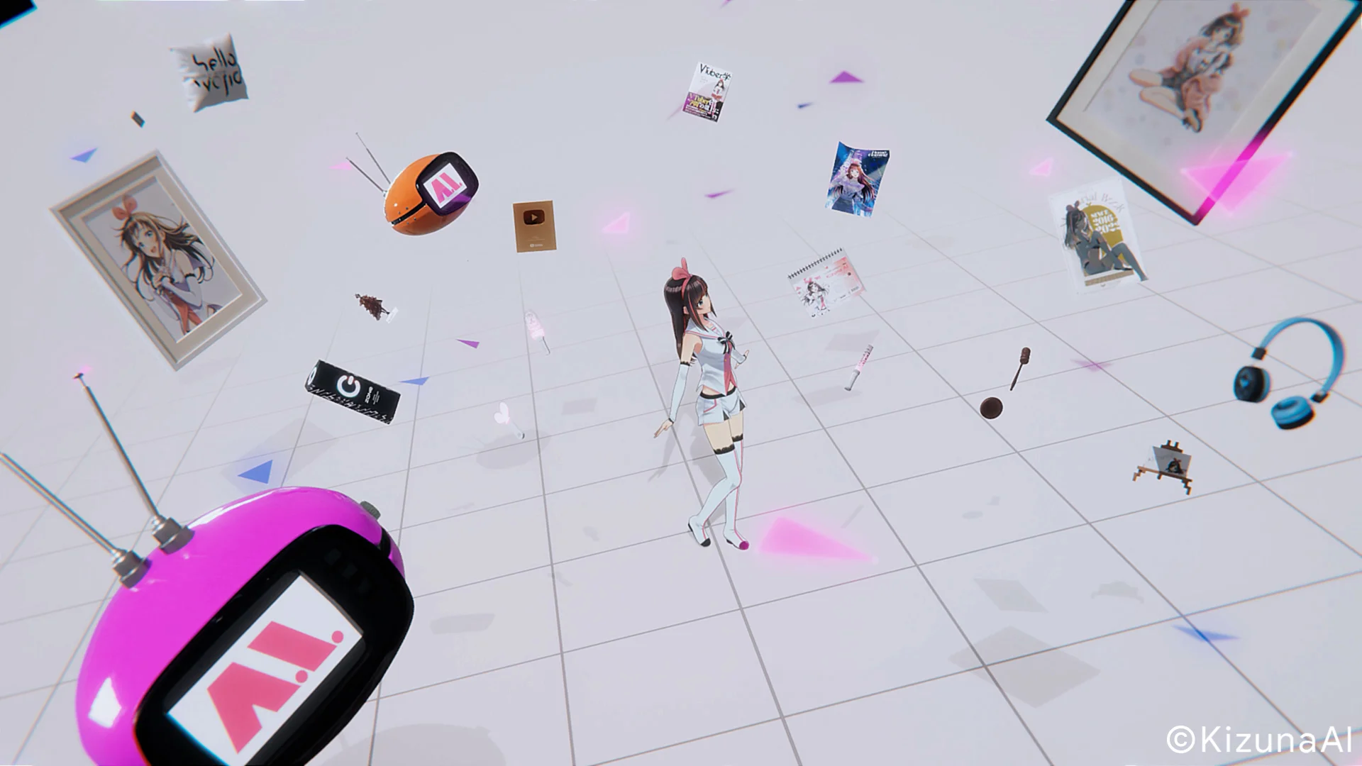 Idol virtuale Kizuna AI circondata da merchandising e artwork in uno spazio digitale.
