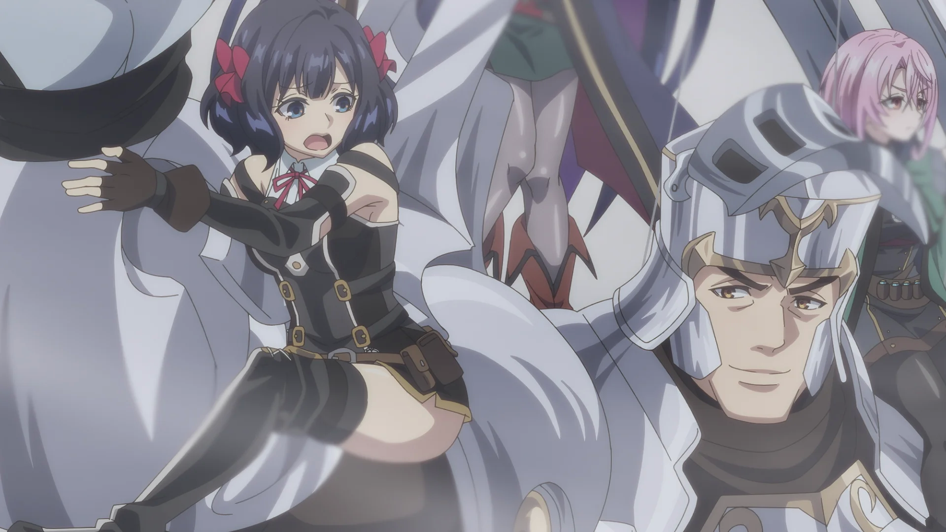 Personaje anime într-o scenă dramatică; o personajă cu păr negru în armură și un personaj masculin cu cască.