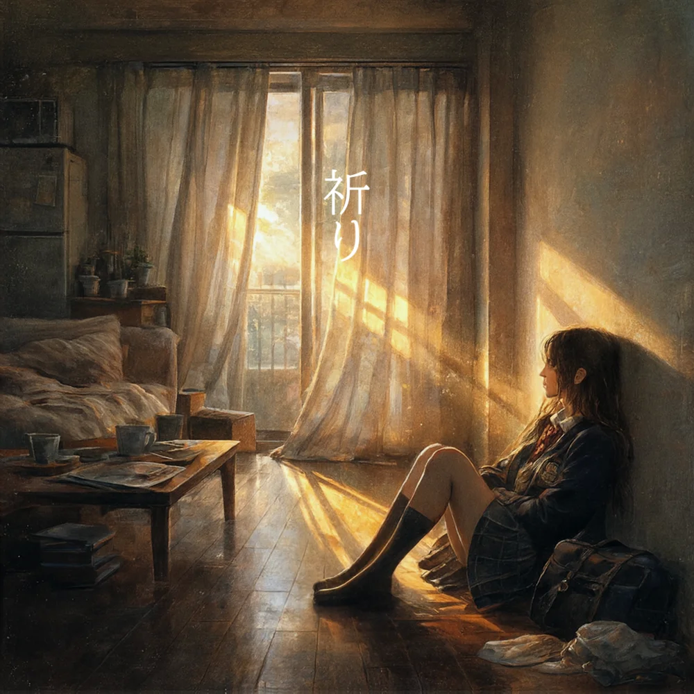 Imagem em estilo anime de uma garota sentada em um quarto banhado pelo sol com texto japonês na parede