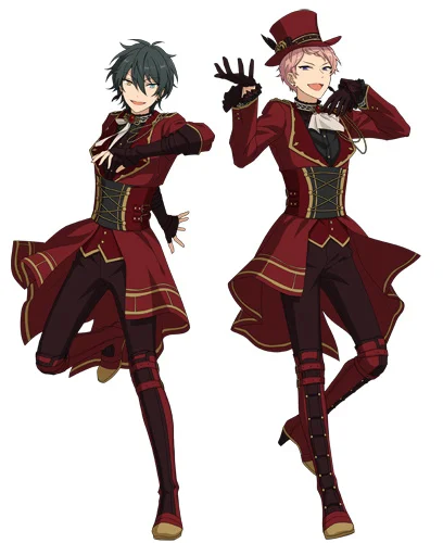 Dau gymeriad mewn costumau coch a du gyda hetiau brig