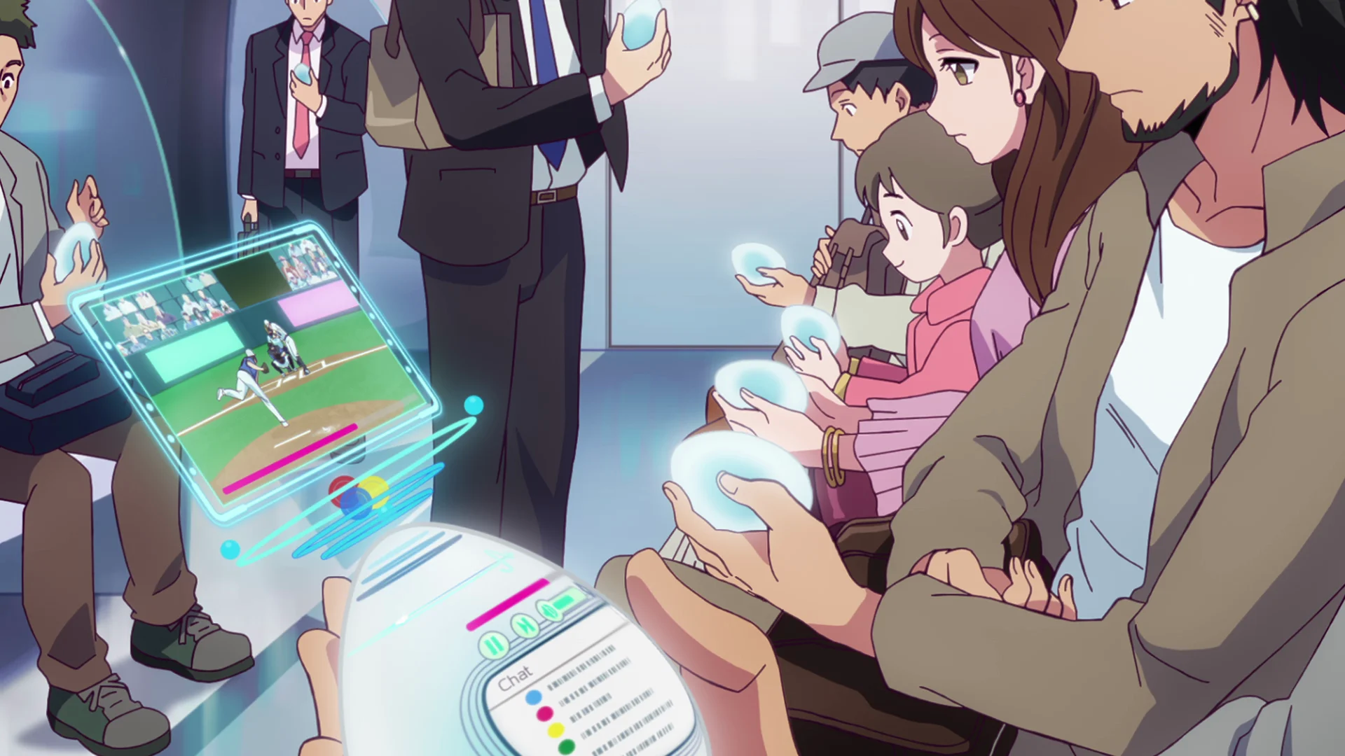 Animeko pertsonaiek holografiko mugikor gailuekin elkarreragiten leku publiko batean