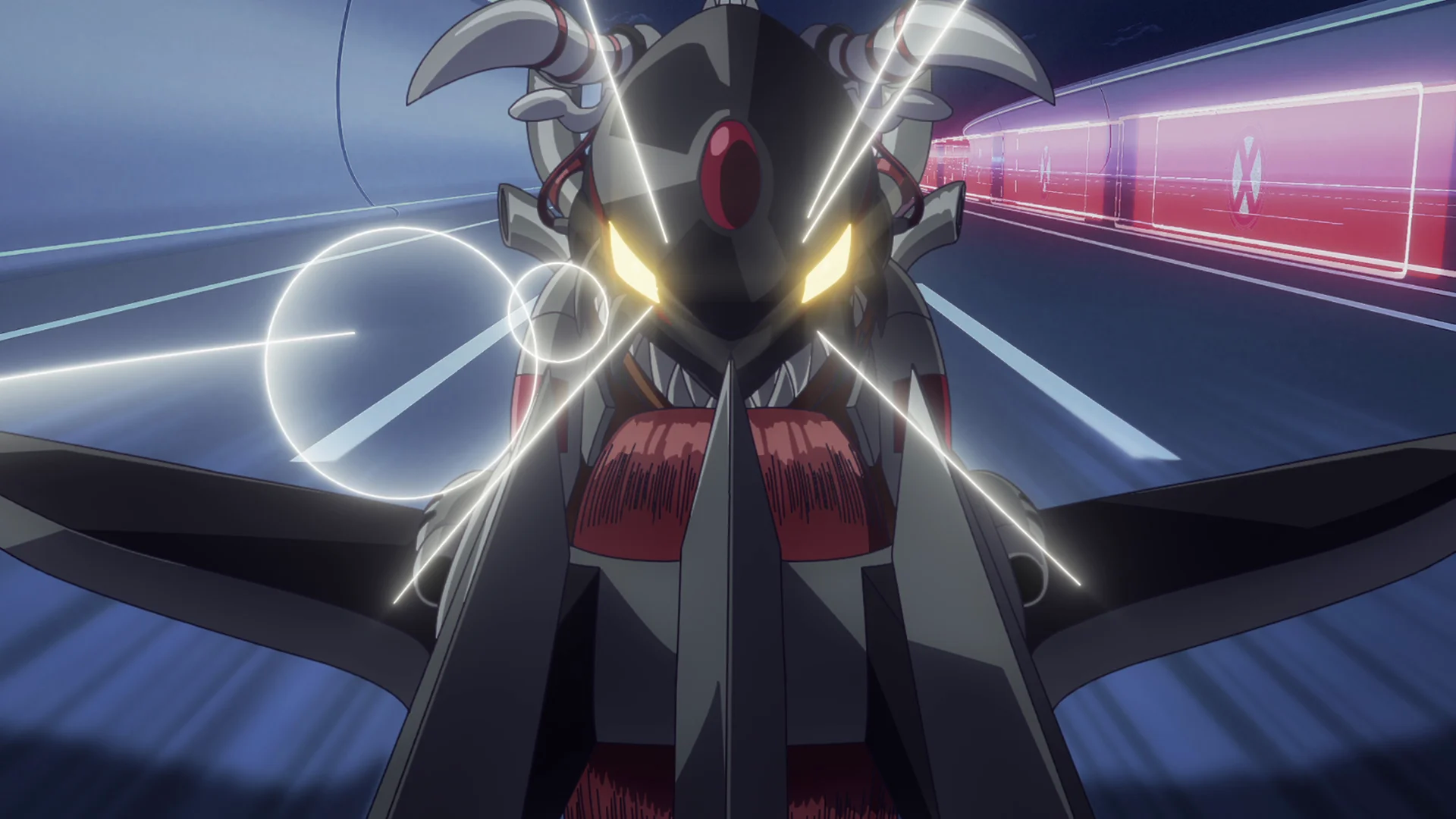 Animeko Digimon pertsonaia baten hurbilpena, begi horixkak distiratsu eta pose dinamiko batean