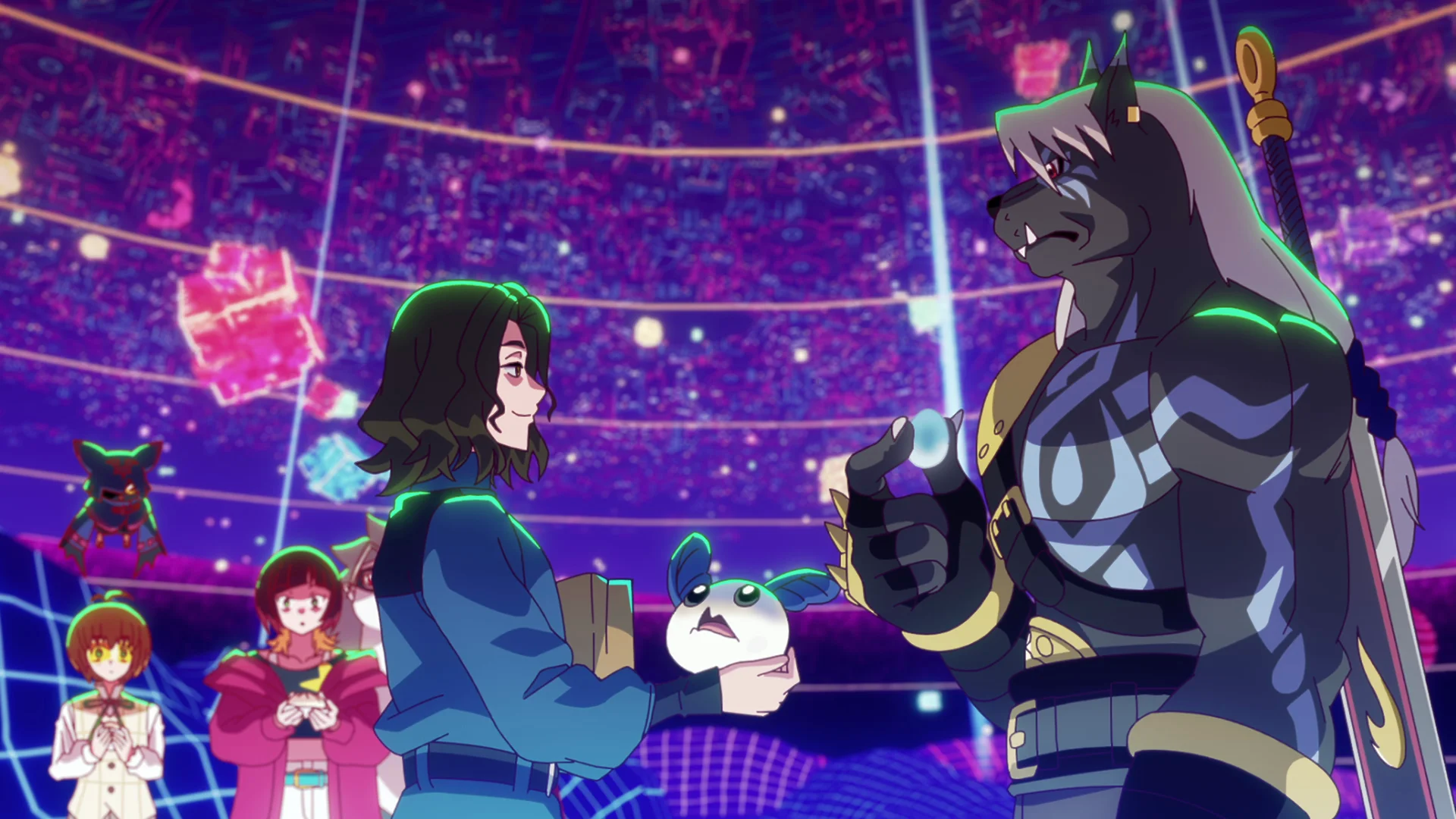 Bi pertsonaia elkarri aurre egiten diote eraztun futurista batean criatura baten ondoan. Bat gizaki da, bestea antropomorfoa.