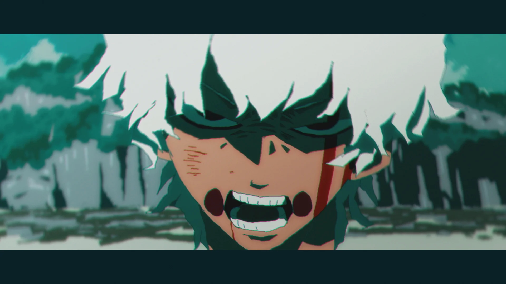 흰 머리의 강렬한 표정을 가진 애니메이션 스타일 캐릭터, 흐릿한 배경 앞에서