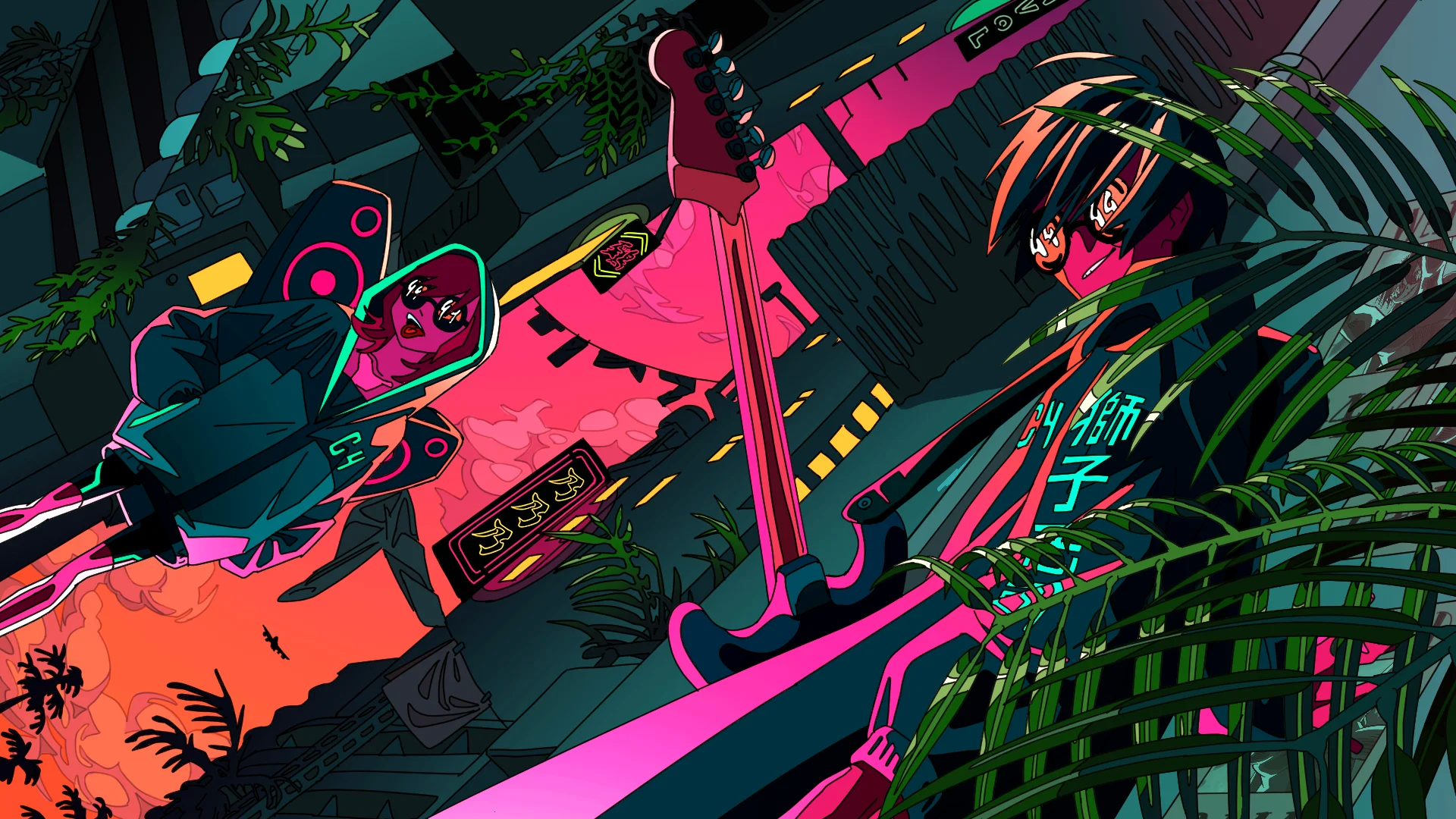 기타를 든 일러스트 캐릭터들이 식물과 미래적 요소가 어우러진 선명한 네온풍 배경에 있는 모습