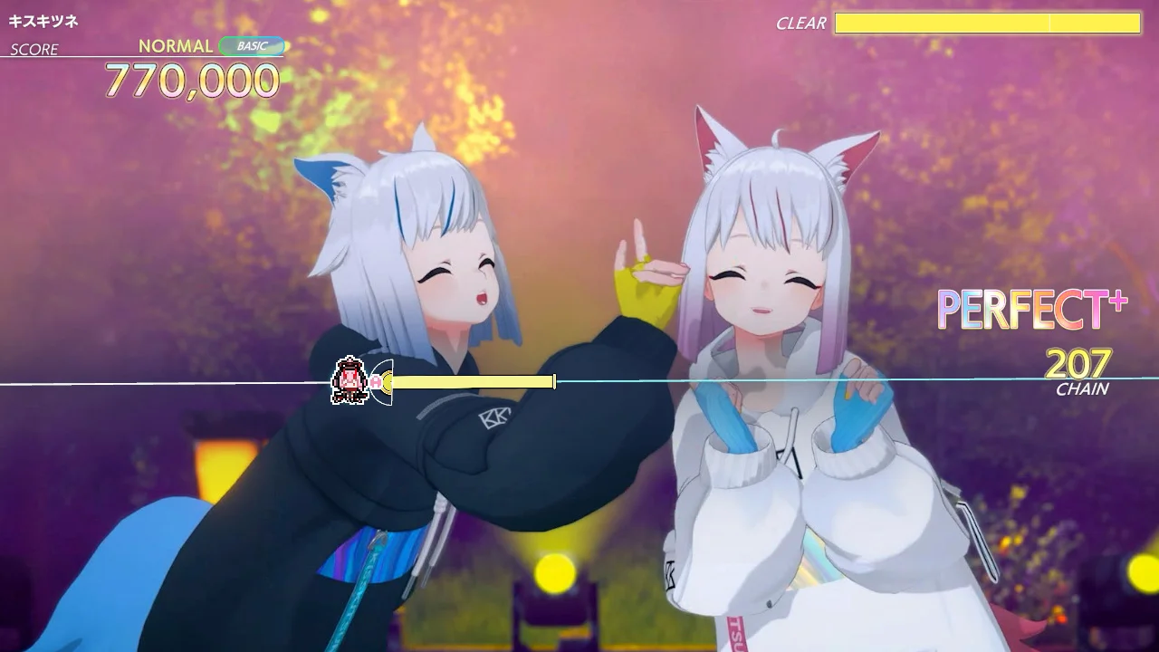 দুইটি এনিমেটেড চরিত্র পশুর কান-সহ রঙিন স্টেজে রিদম গেম ইন্টারফেসে পারফর্ম করছে.