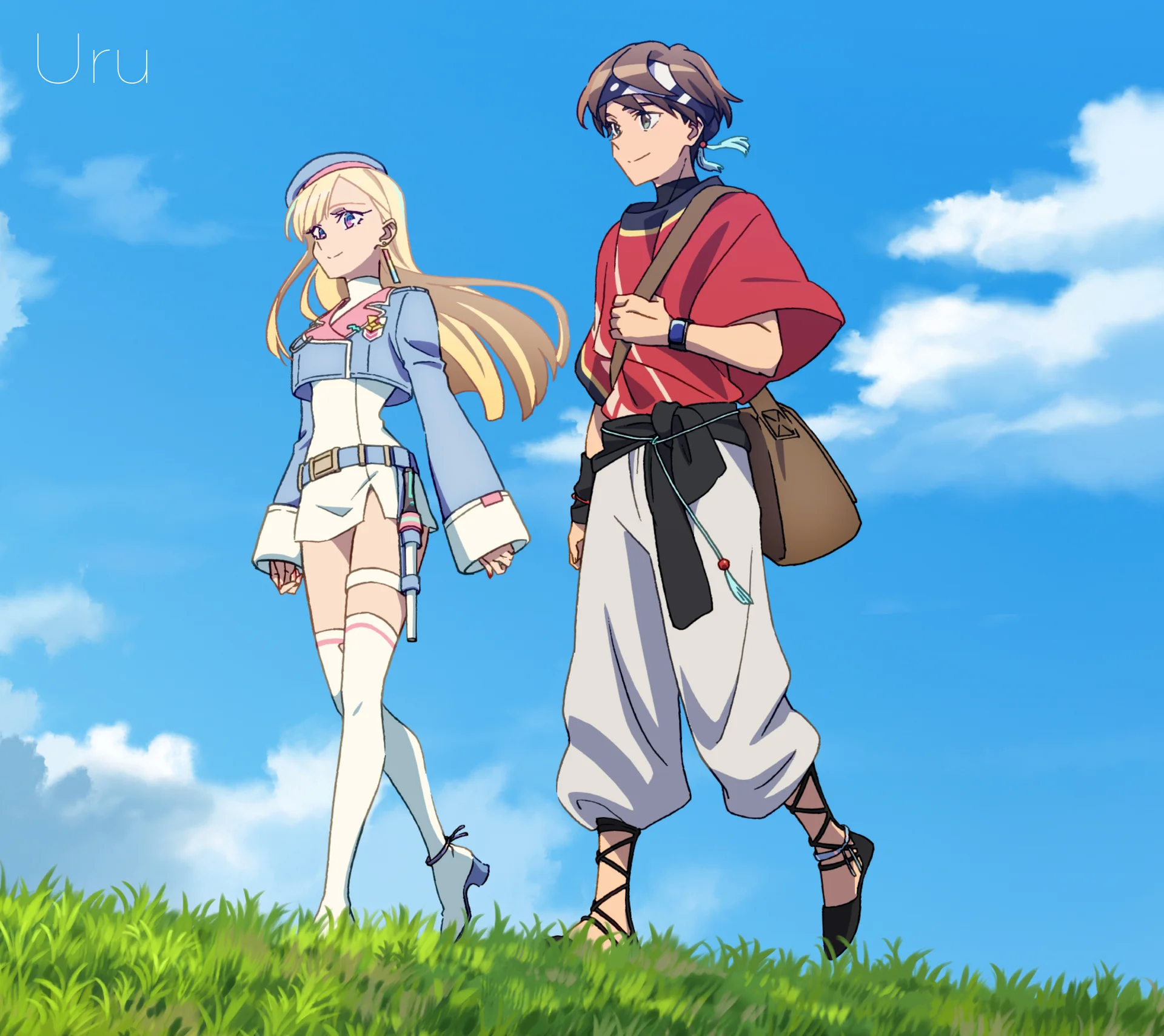 Các nhân vật phong cách anime đang đi bộ trên cỏ dưới bầu trời xanh.