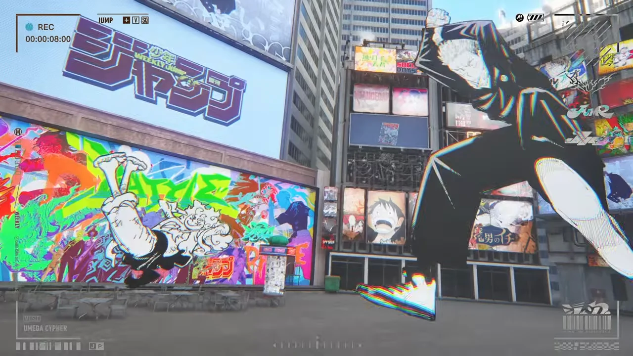 Pemandangan bandar dengan graffiti anime berwarna-warni dan figura besar sedang berlari