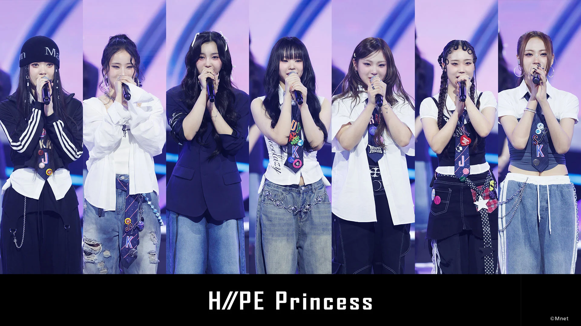 Seven women stand on stage holding microphones, with the text H//PE Princess at the bottom.