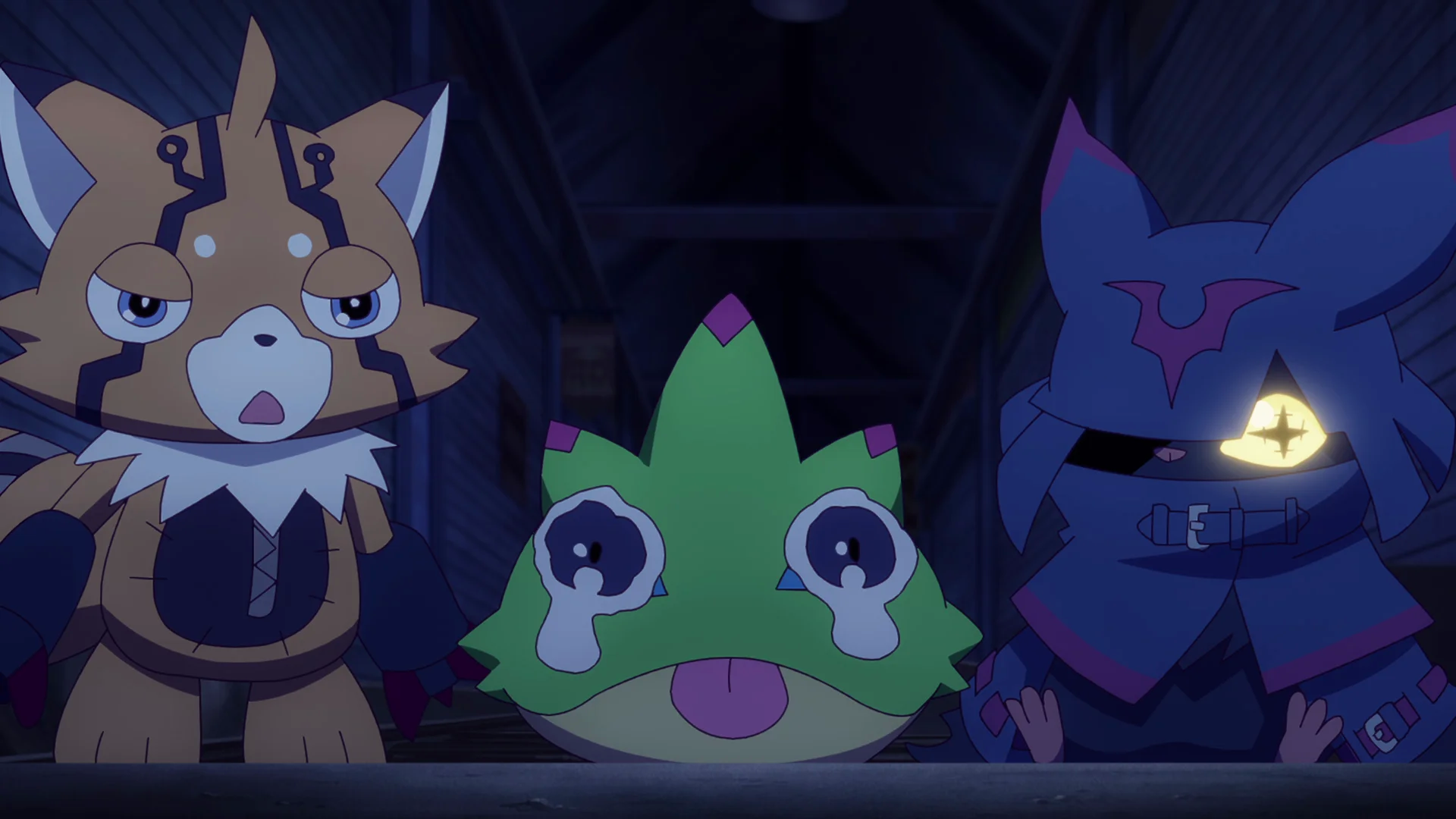 અલ્પ પ્રજ્વલિત વાતાવરણમાં અભિવ્યક્તિભર્યા પોઝમાં ત્રણ ડિજીમોન પાત્રો