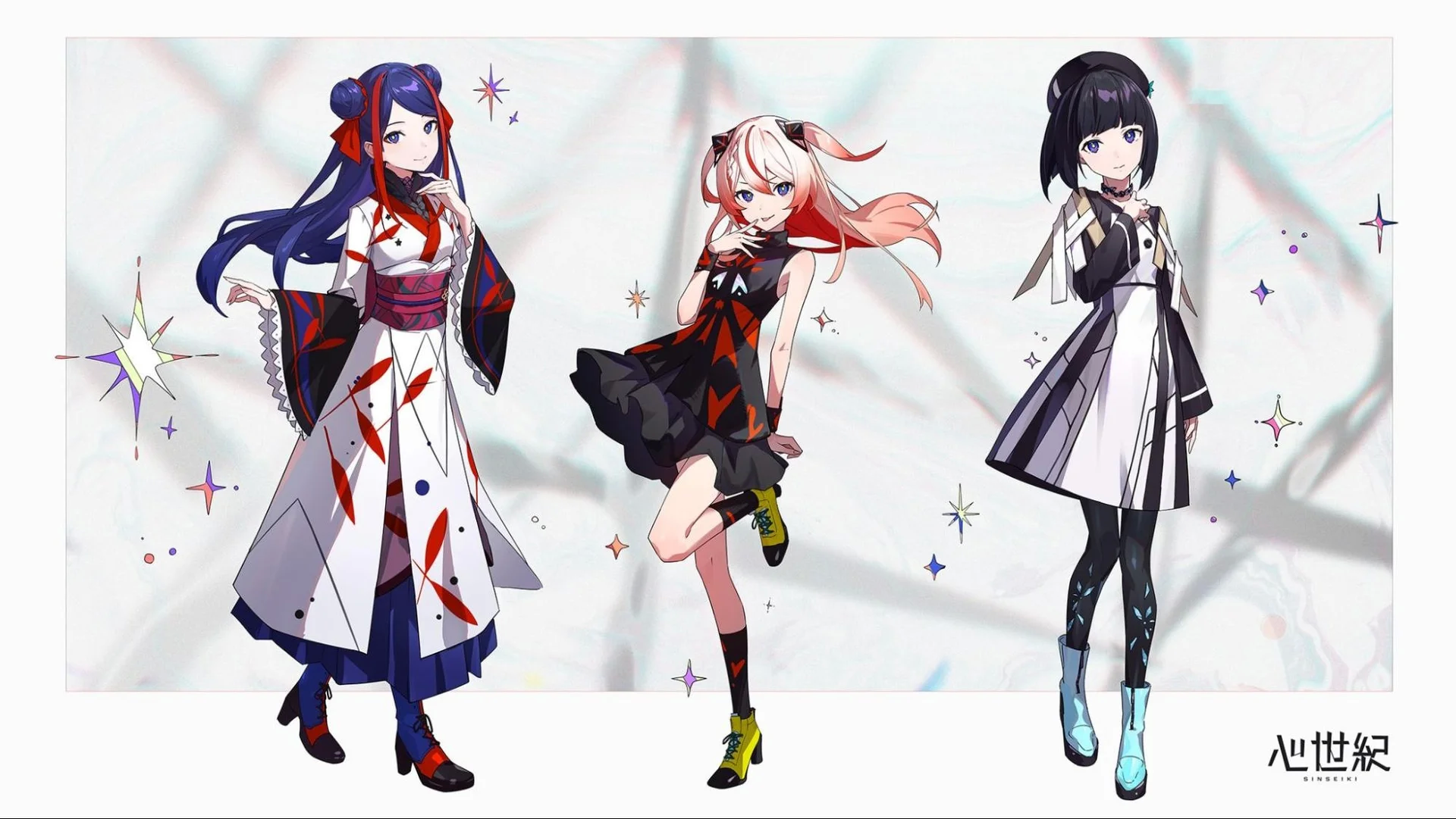 Tre personaggi in stile anime con abiti vivaci su uno sfondo pastello con testo giapponese nell'angolo