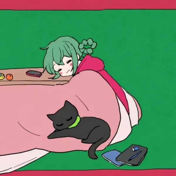 Εικονογράφηση χαρακτήρα με πράσινα μαλλιά και ενός μαύρου γάτου που ξεκουράζονται πάνω σε ένα ροζ πάπλωμα.