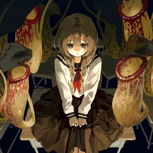 Κορίτσι με στολή ναυτικού που κάθεται περιτριγυρισμένο από μεγάλα pitcher plants σε ένα υποφωτισμένο περιβάλλον.