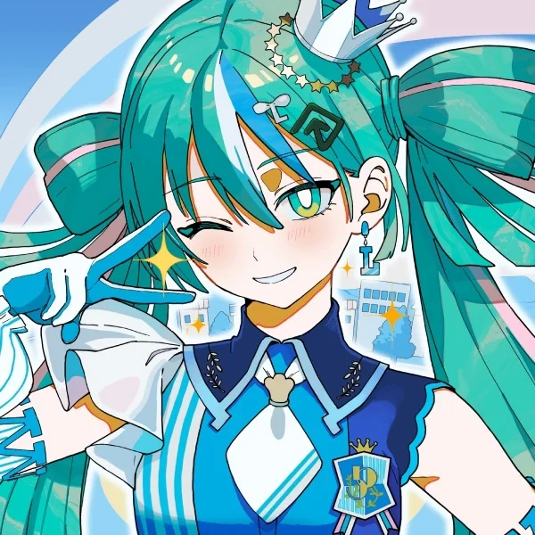 Εικονογράφηση χαρακτήρα με τιρκουάζ διπλές αλογοουρές, που κλείνει το ένα μάτι, φοράει μπλε ενδυμασία και κορώνα και κάνει σήμα ειρήνης.