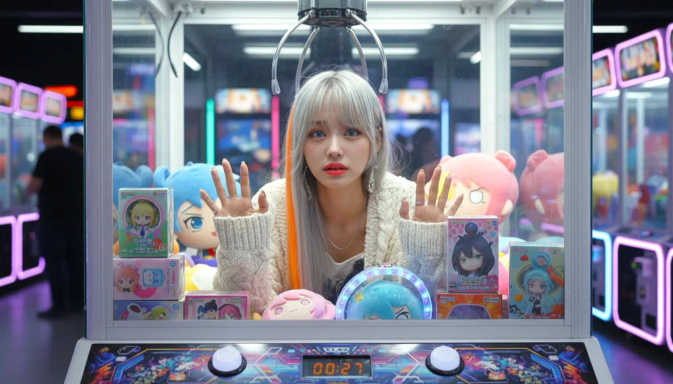 Žena sa srebrnom kosom unutar automata za hvatanje plišanih igračaka, okružena plišanim igračkama