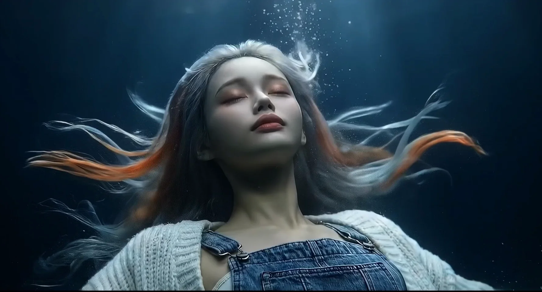 Digitalna ilustracija anime-stila ženske figure s šarenom kosom koja lebdi pod vodom s zatvorenim očima