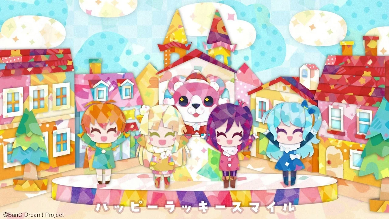 Kleurvolle illustratie van vijf gestileerde personages voor cartoonachtige gebouwen met een berenmascotte.