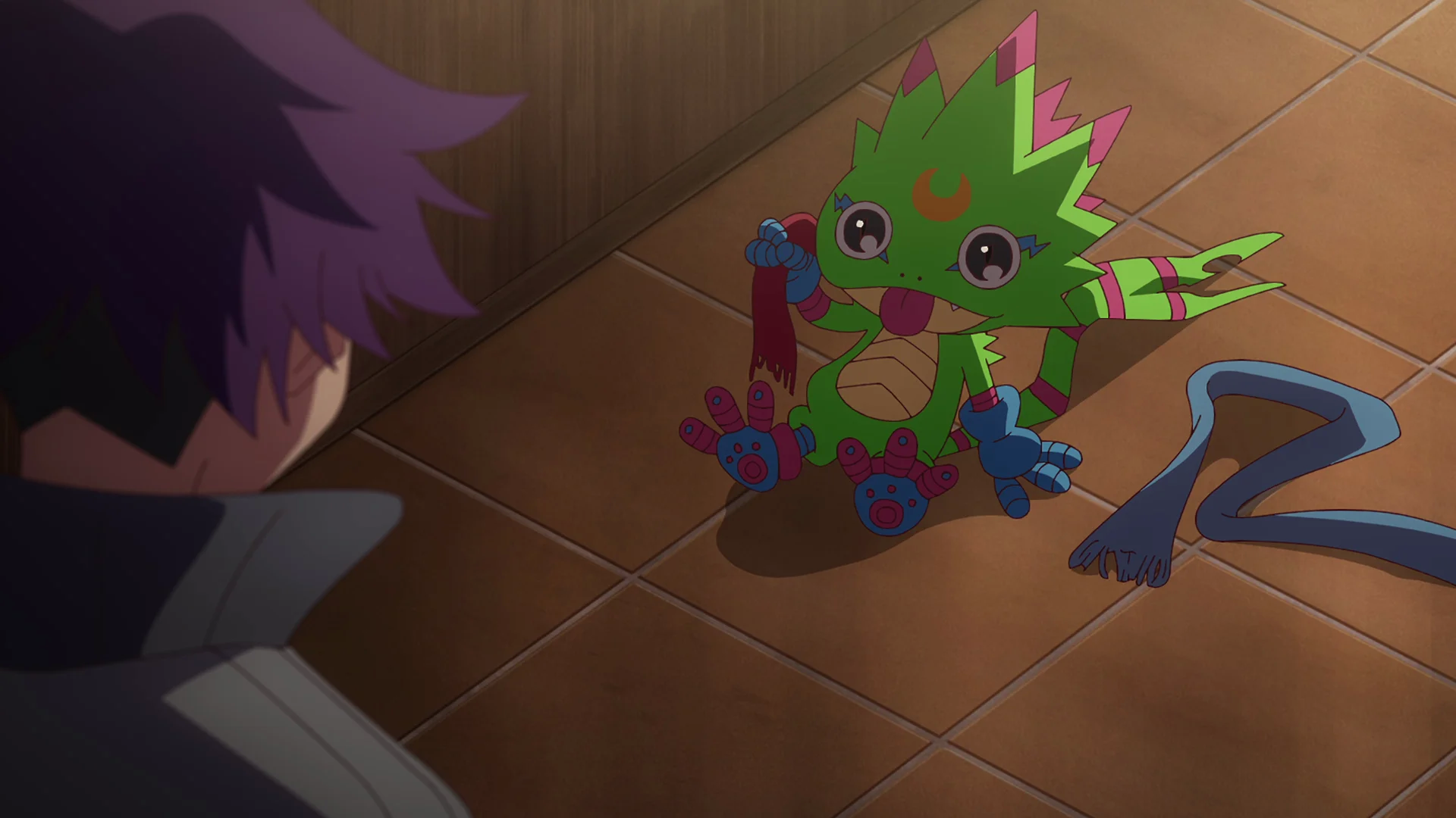 Cartoon creature holding a red object, looking up at a purple-haired person, on a tiled floor.