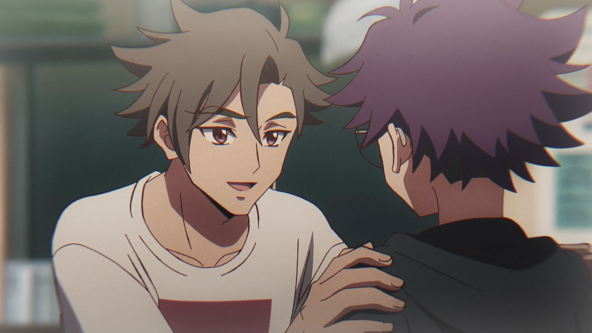 Two anime characters in conversation, one with brown hair and the other with purple hair, seated indoors.