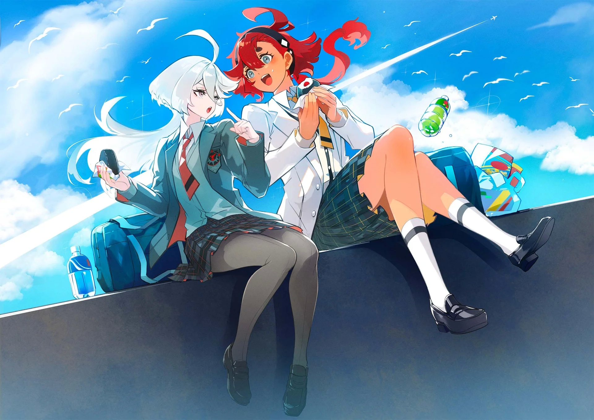 Two anime characters in school uniforms sitting on a wall with a bright sky background