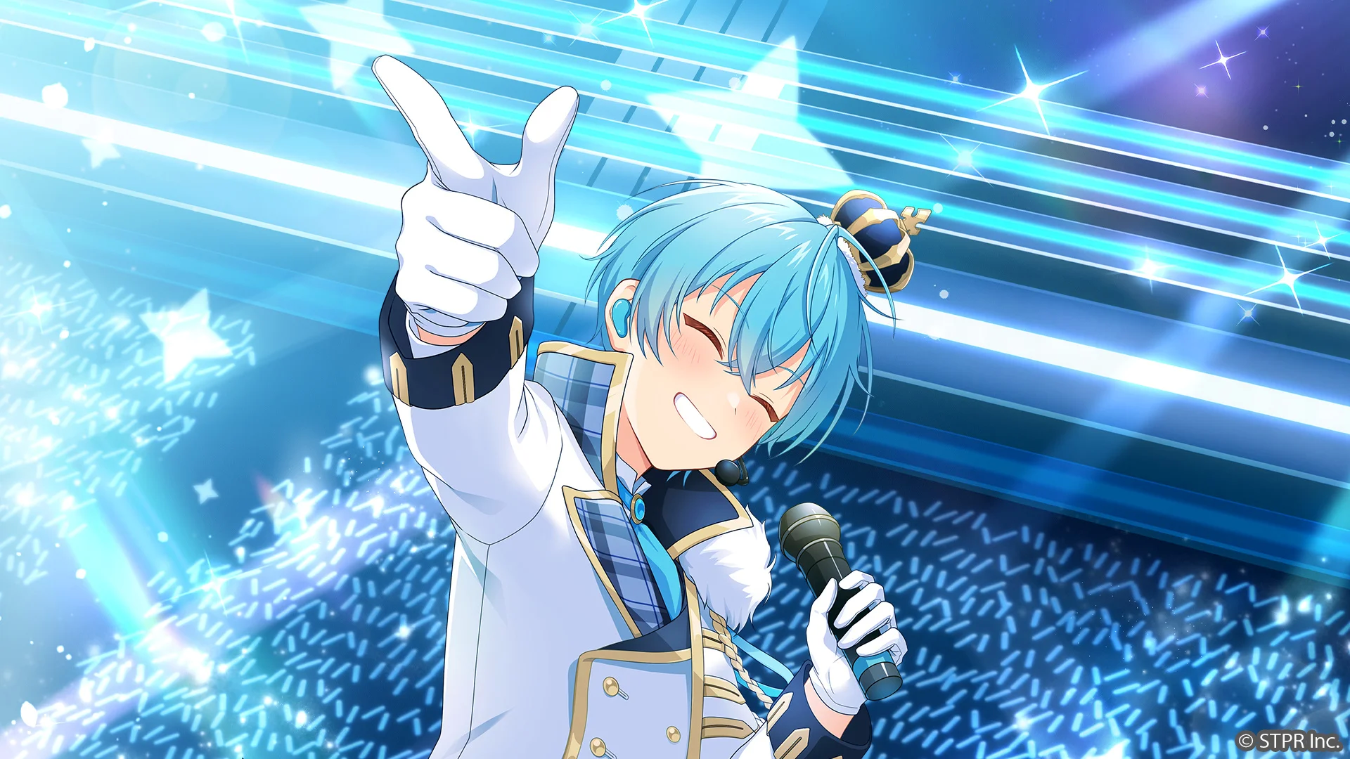 Il·lustració d'un personatge d'estil anime amb cabell blau, que porta un vestit elegant blanc i blau, sostenint un micròfon