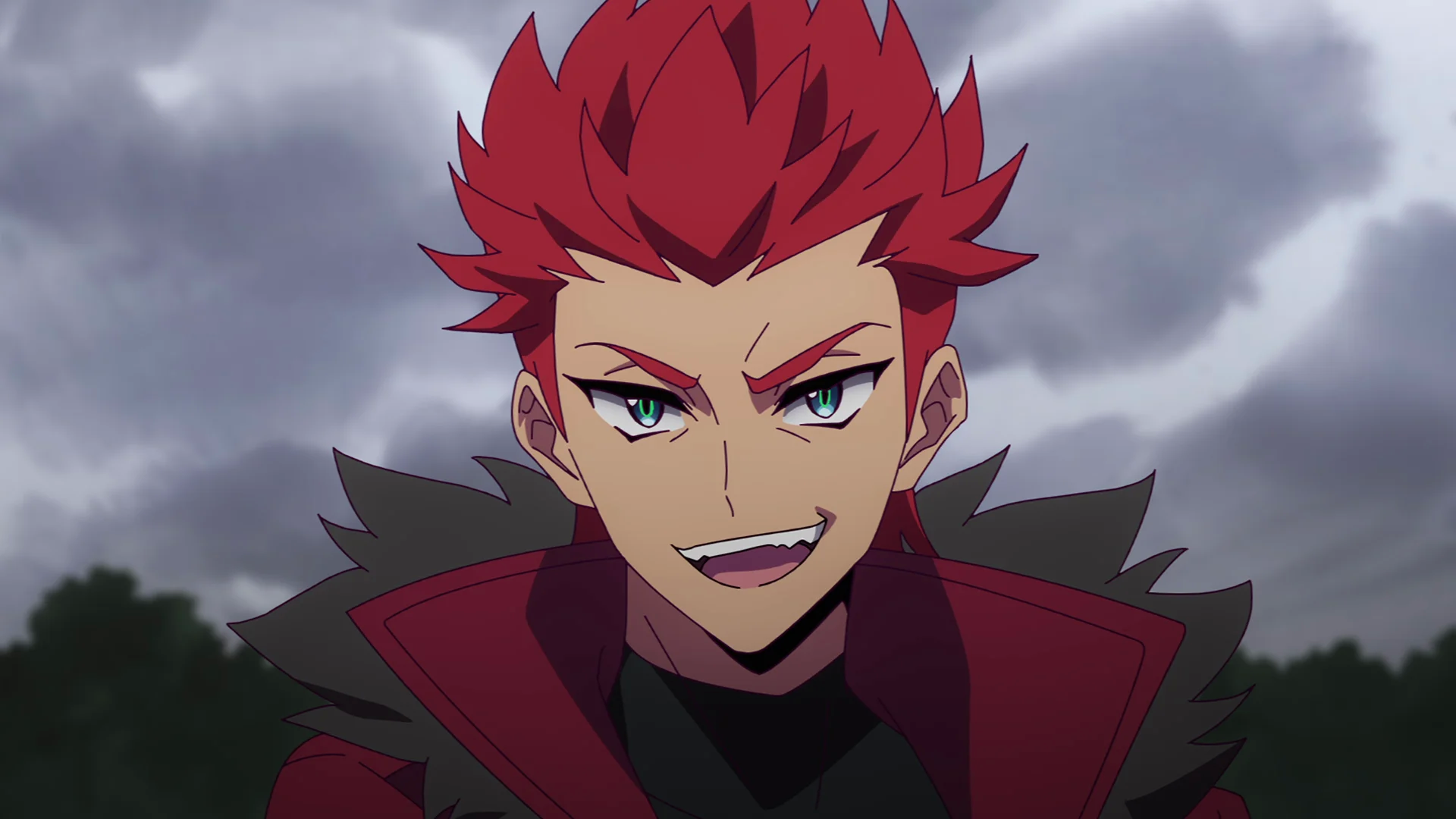 Anime character with red spiky hair and a confident expression, wearing a dark outfit