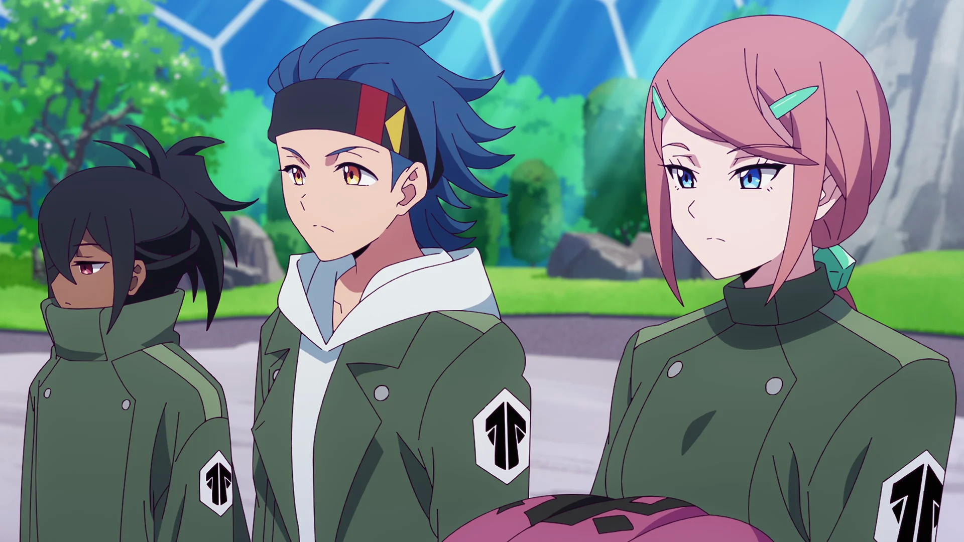 Three anime characters wearing green jackets standing outdoors with a dome structure in the background