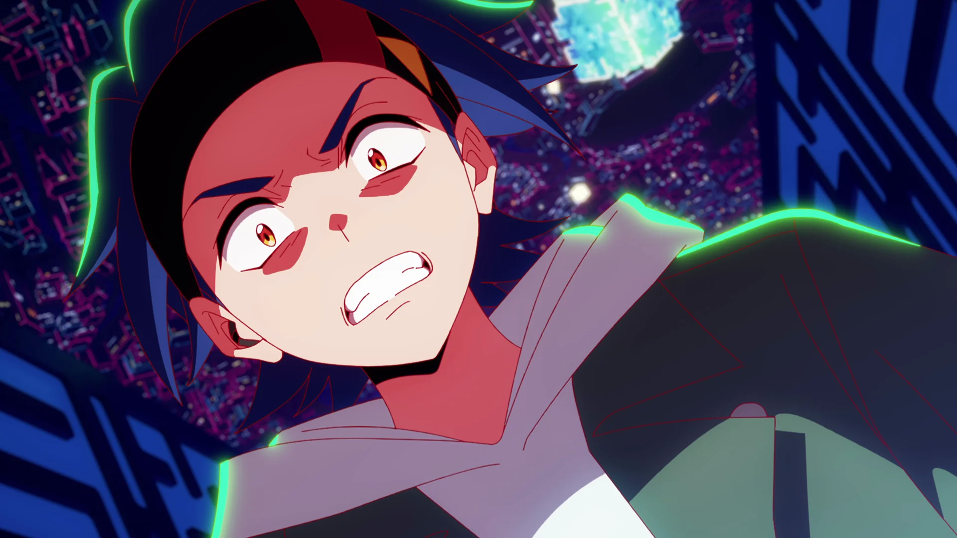 Anime character with shocked expression, neon green outline, and futuristic background