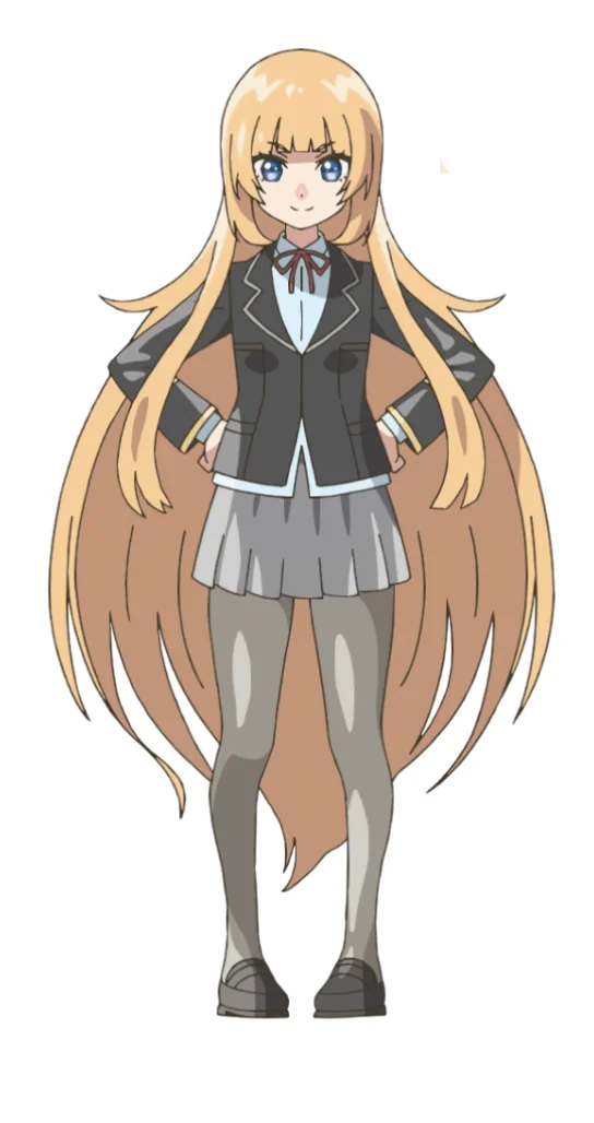 Anime character with long blonde hair in a school uniform, hands on hips