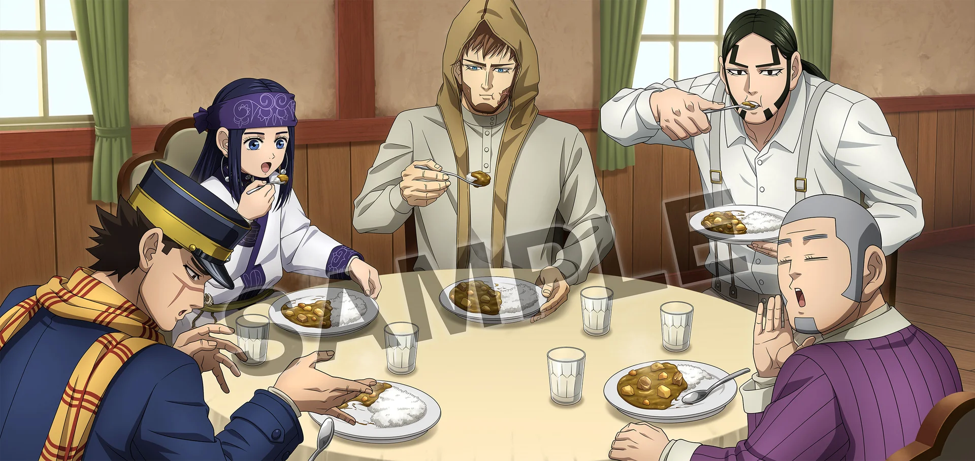 Characters from Golden Kamuy eating together at a table