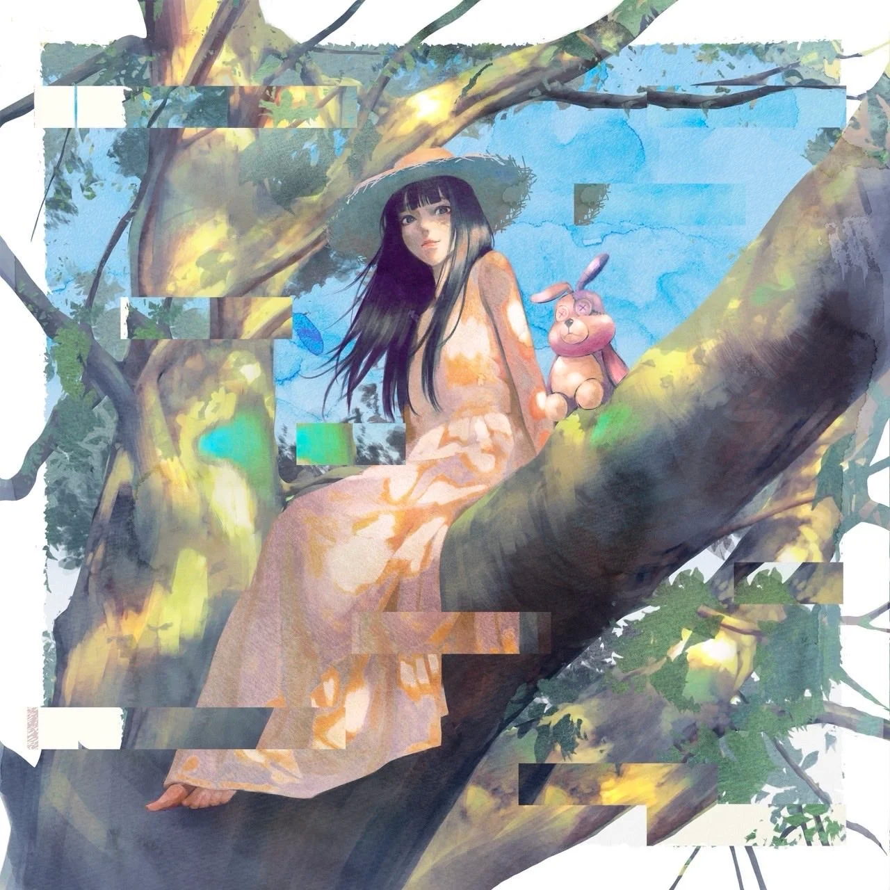 Ilustração de uma garota de cabelos longos usando chapéu e vestido sentada em um galho de árvore com um bichinho de pelúcia