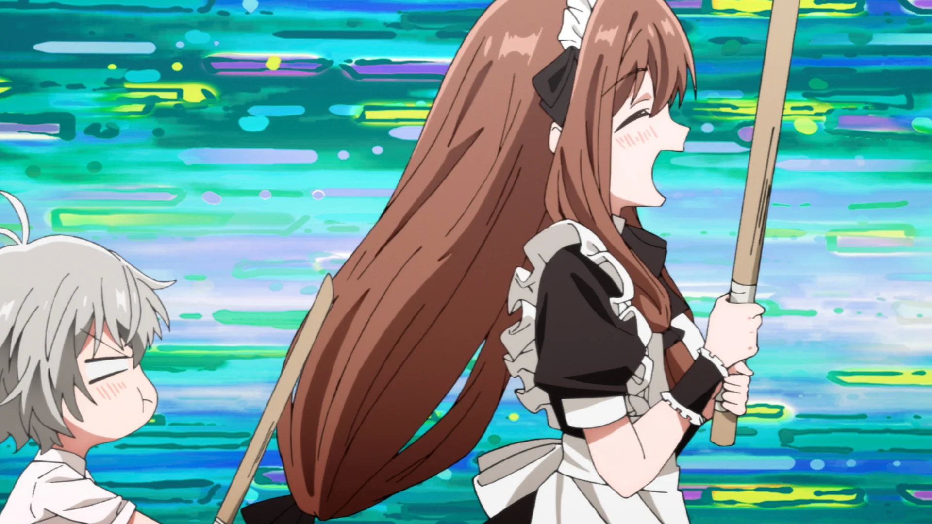 Animefigurer med langt hår og tjenesteantrekk