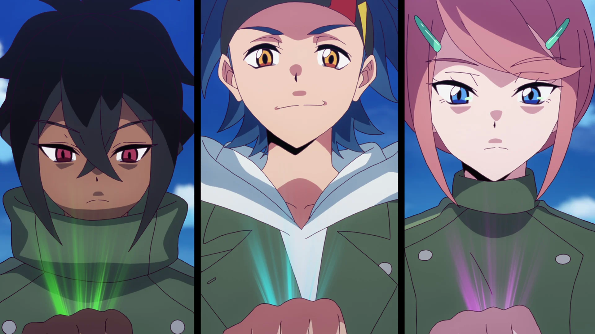 Tliet karattri anime bi pugni jiddi f'format skrin maqsum