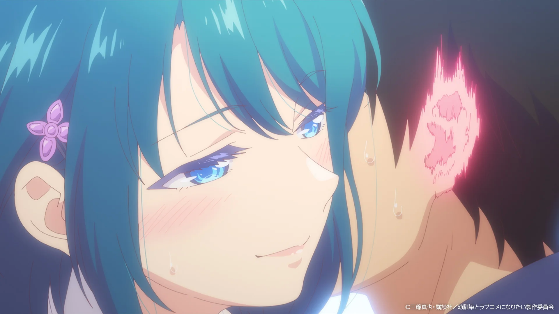 Scène d'anime avou ene fille a poû d'vèye bleeye tchurint et roujeyin ey s' penchî vers on gars