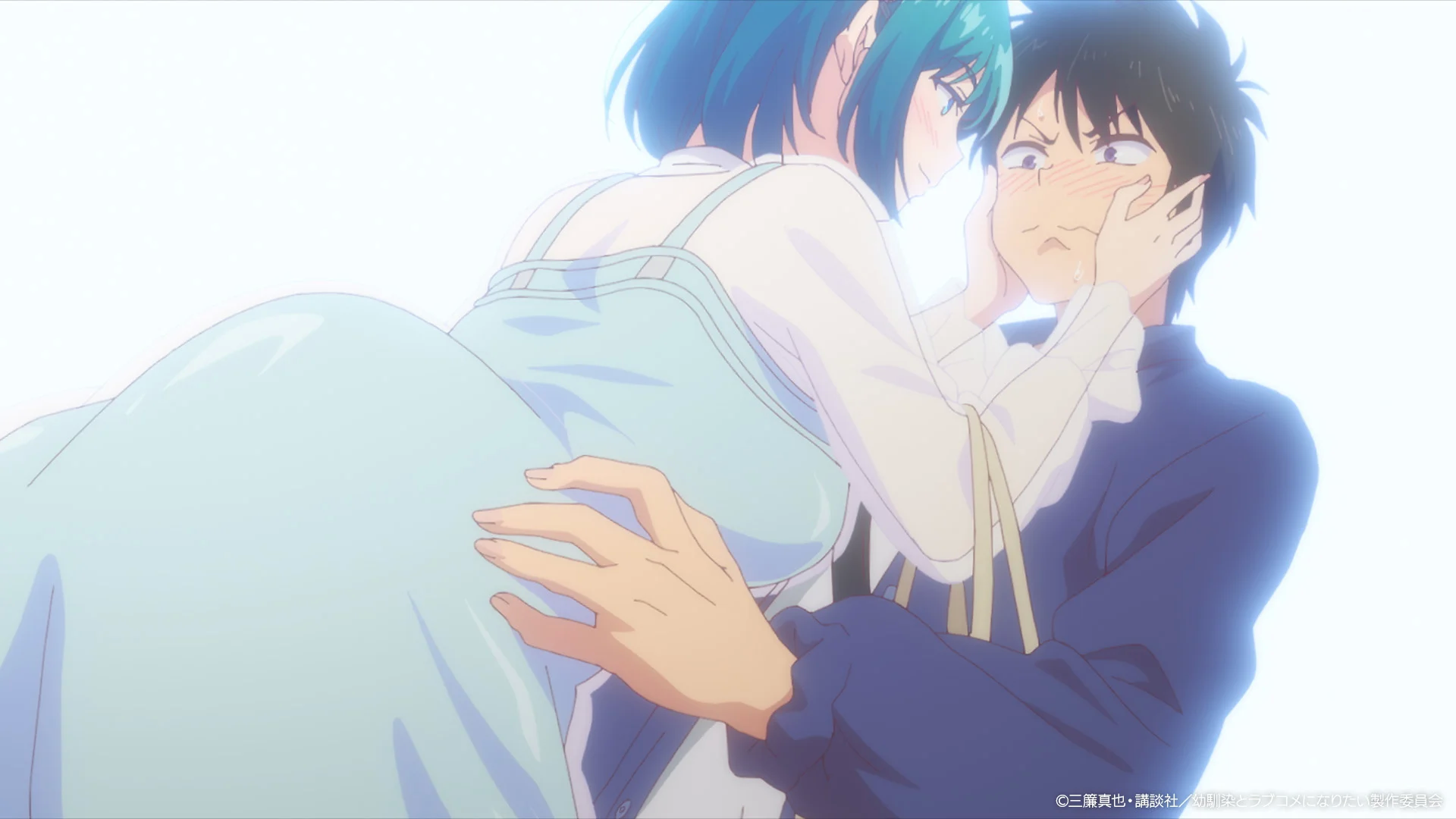 Scène d'anime avou ene fille avou on robbe bleeye tenent l' fèye d'on gosse tot s' prononcant proche