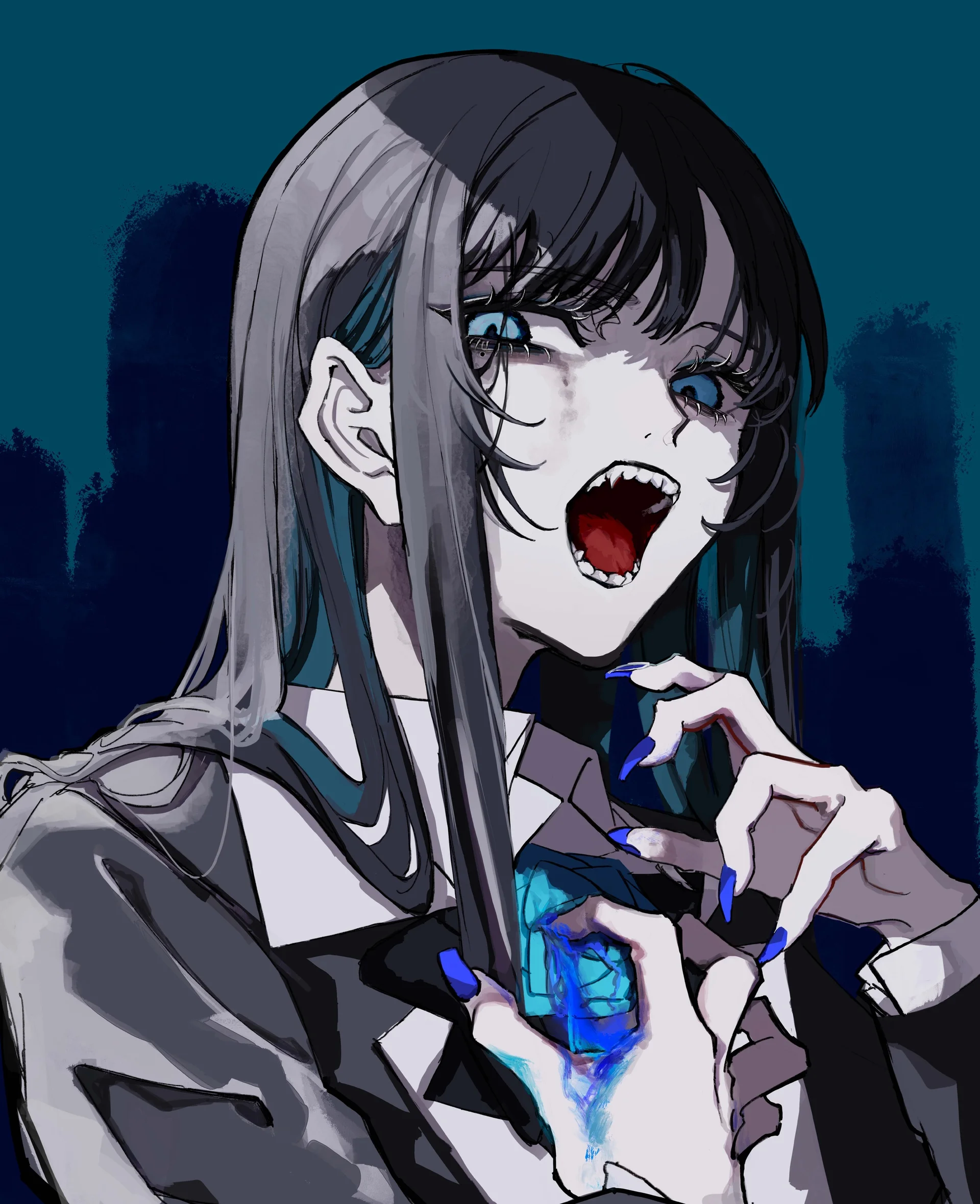 Anime-tyylinen hahmo sinisin silmin ja pitkissä hiuksissa, näyttää huutavan tai laulavan, hohtavan sinisen jalokiven kanssa