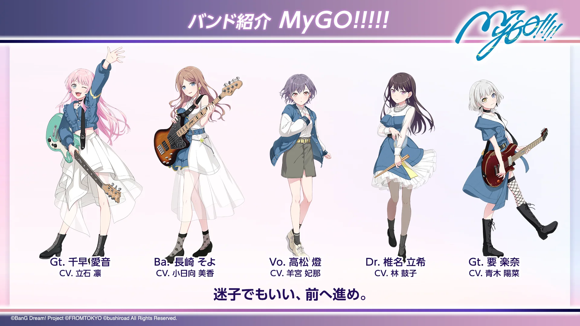 Pet anime likova s različitim glazbenim instrumentima i imenima ispod, koji promoviraju bend MyGO.