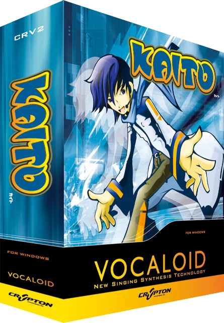 Vocaloid-ohjelmiston laatikkoaihe, jossa hahmo KAITO, sinitukkainen anime-hahmo ja näyttävä logo.