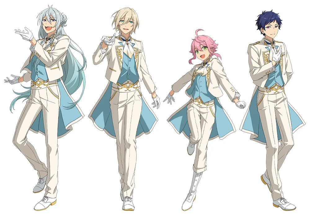 Négy anime karakter fehér és kék ruhában, mosolyognak és energikusan gesztikulálnak.