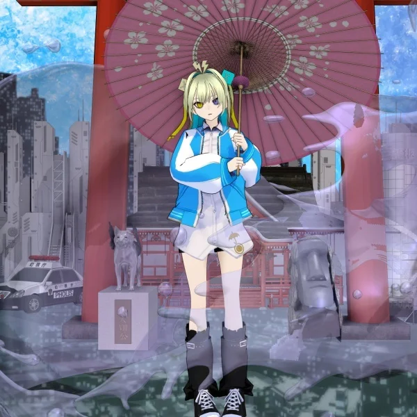 Anime-style character with a parasol, standing in a cityscape with torii gate and statues in the background