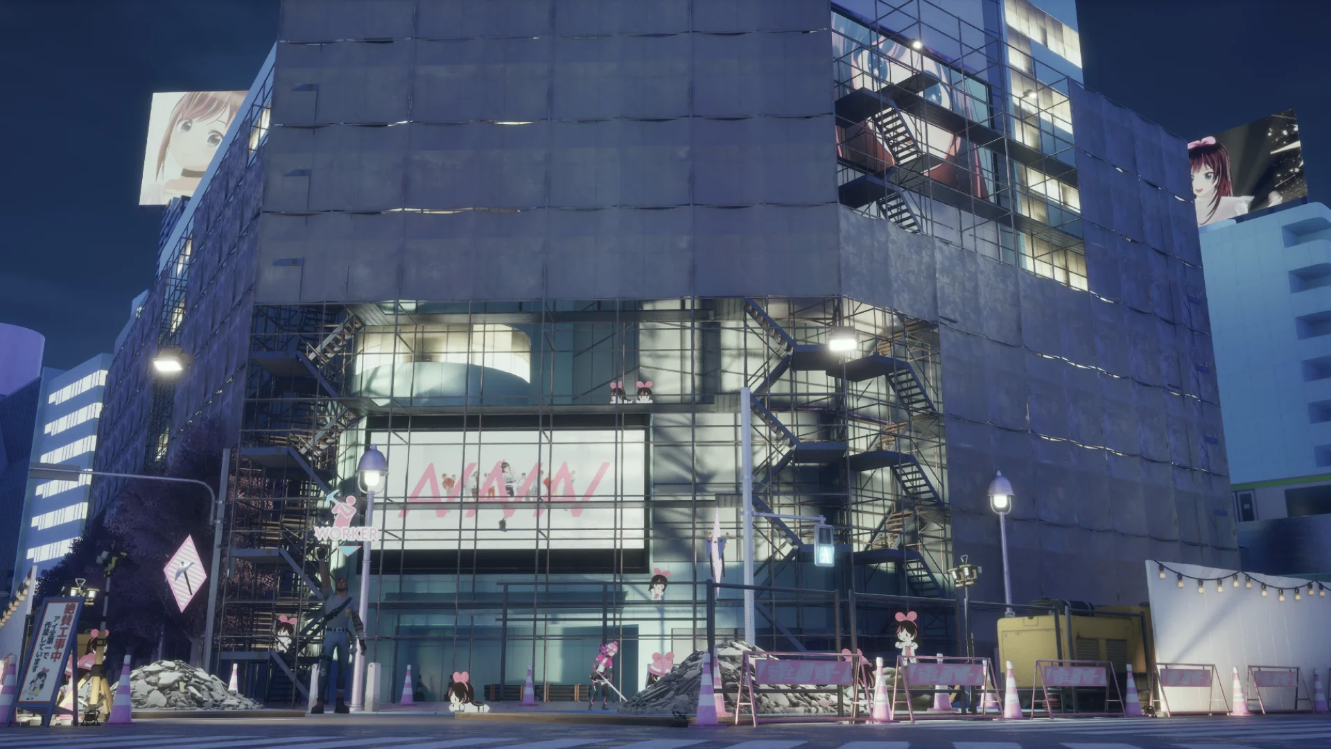 Digitaalinen kaupunkinäkymä yöllä, jossa mainostaulut esittävät anime-hahmoja