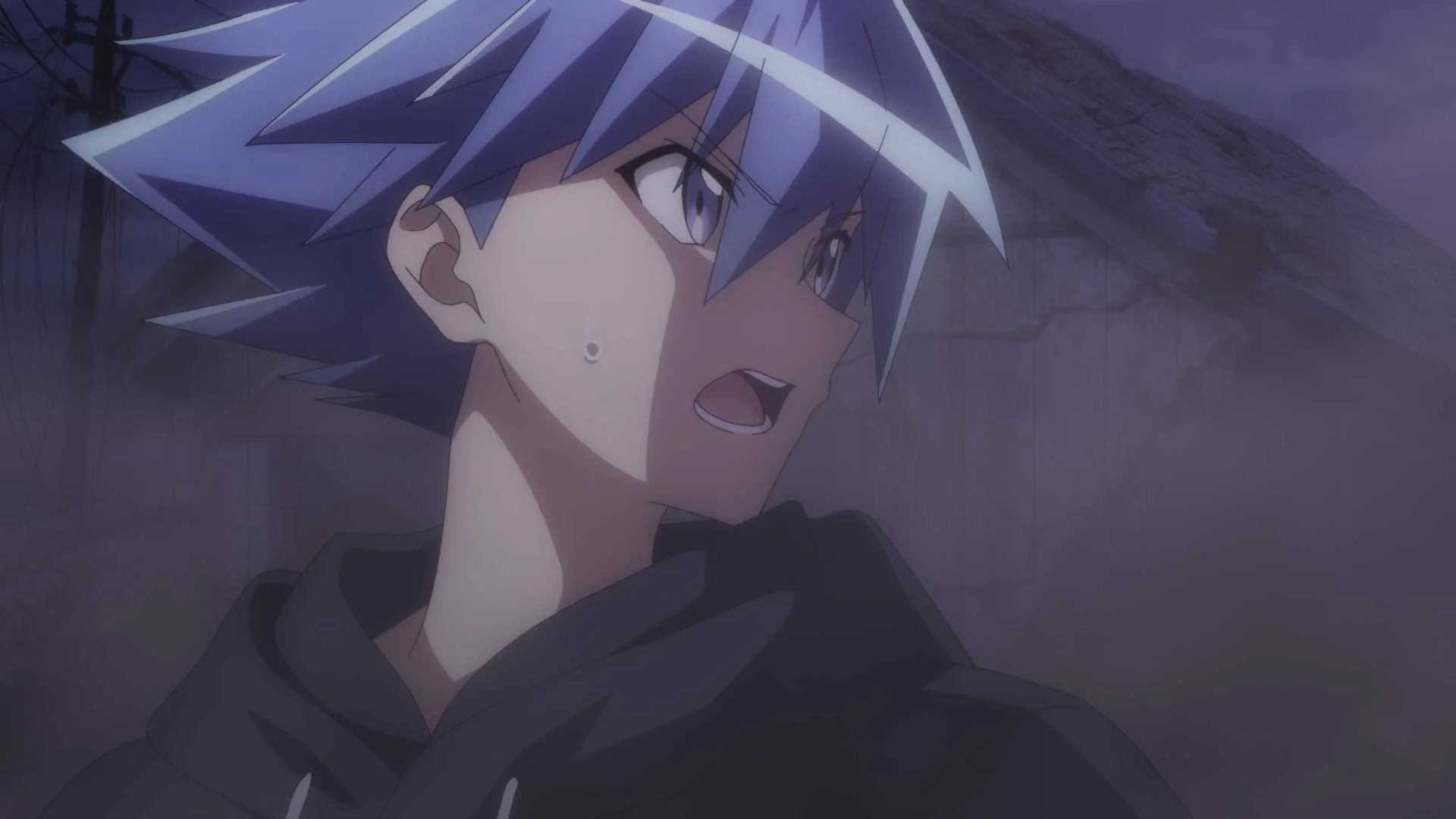 Tauhang anime na may asul na matulis na buhok na mukhang nagulat